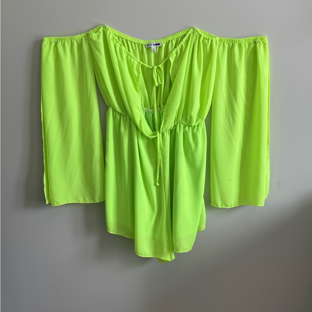 Green Off-Shoulder Tie Front Romper